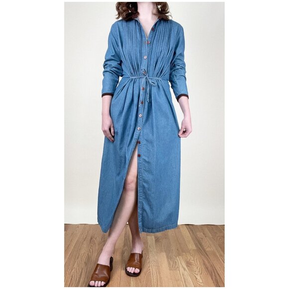 Vintage Denim Jean Midi Maxi Dress Pleated Long Duster Jacket Coat Cottagecore - Picture 8 of 10